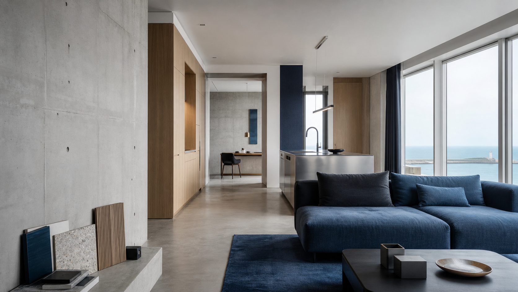 Séjour d’appartement lumineux aux volumes sobres, avec béton, bois clair et accent bleu.