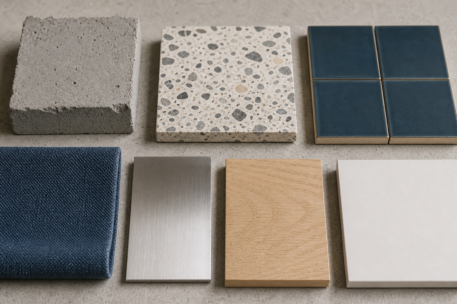 Palette de matériaux minéraux, bois clair, textile bleu et métal brossé.