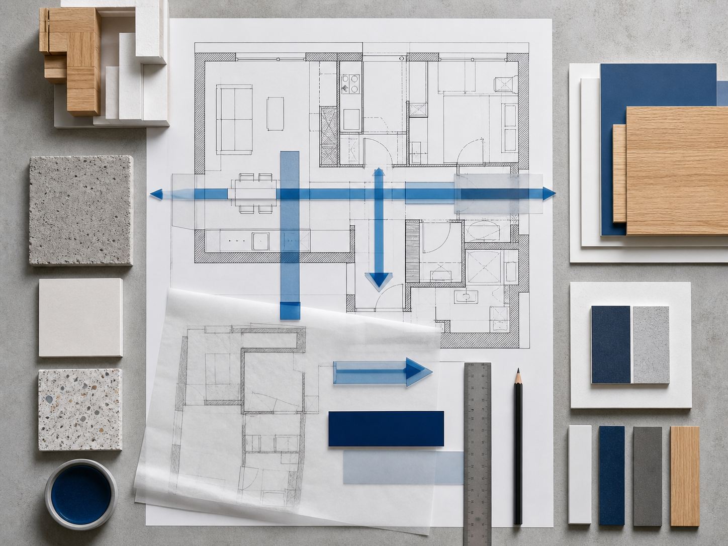 Table de travail avec plans, calques et échantillons pour étudier la circulation d’un appartement.